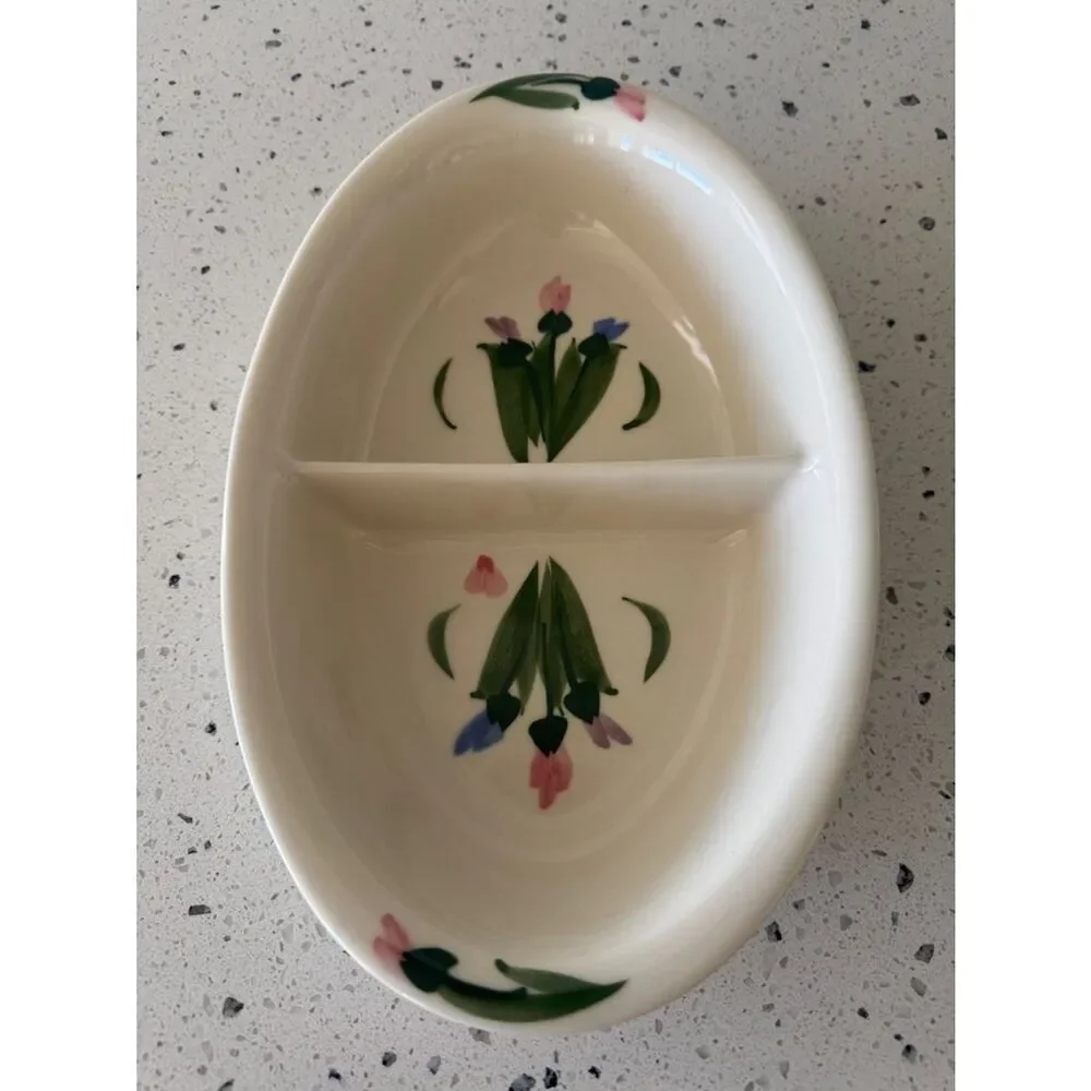 CLAY DESIGN VINTAGE 90s  Pottery Divided Serving Dish Hand Painted Irises USA